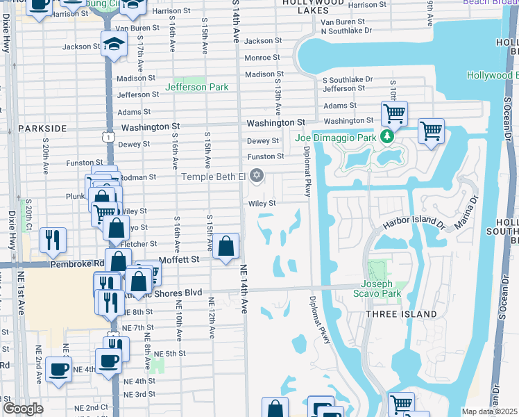 map of restaurants, bars, coffee shops, grocery stores, and more near 1302 Wiley Street in Hollywood