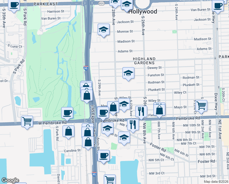 map of restaurants, bars, coffee shops, grocery stores, and more near 1312 South 28th Avenue in Hollywood