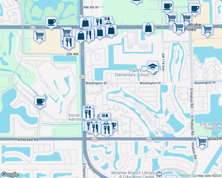 map of restaurants, bars, coffee shops, grocery stores, and more near 11958 Washington Street in Pembroke Pines