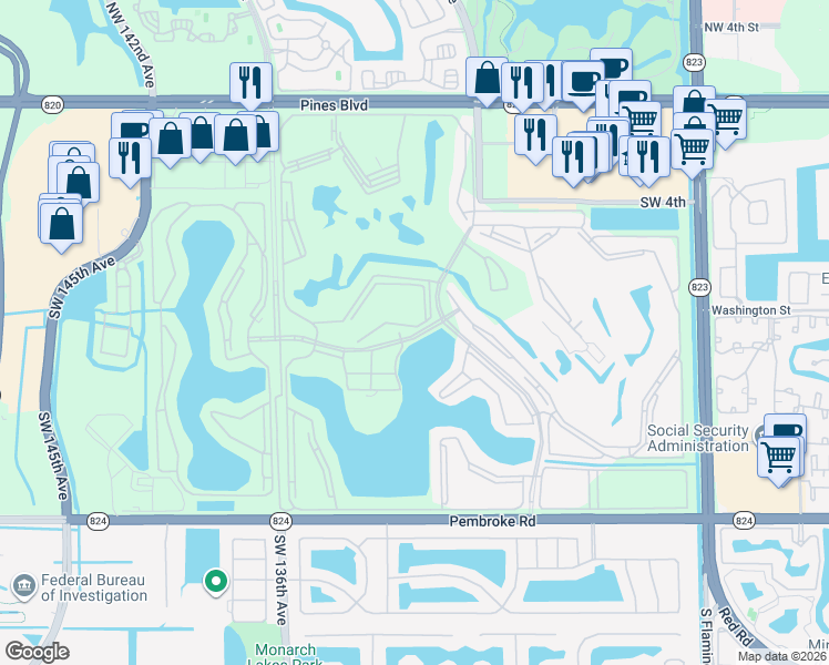 map of restaurants, bars, coffee shops, grocery stores, and more near 13255 Southwest 9th Court in Pembroke Pines