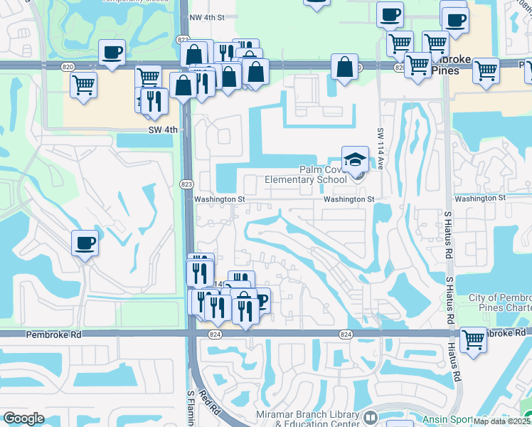 map of restaurants, bars, coffee shops, grocery stores, and more near 11958 Washington Street in Pembroke Pines