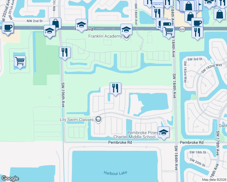map of restaurants, bars, coffee shops, grocery stores, and more near 853 Southwest 190th Avenue in Pembroke Pines