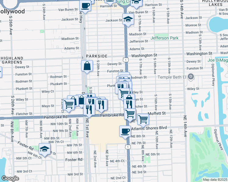 map of restaurants, bars, coffee shops, grocery stores, and more near 1903 Wiley Street in Hollywood