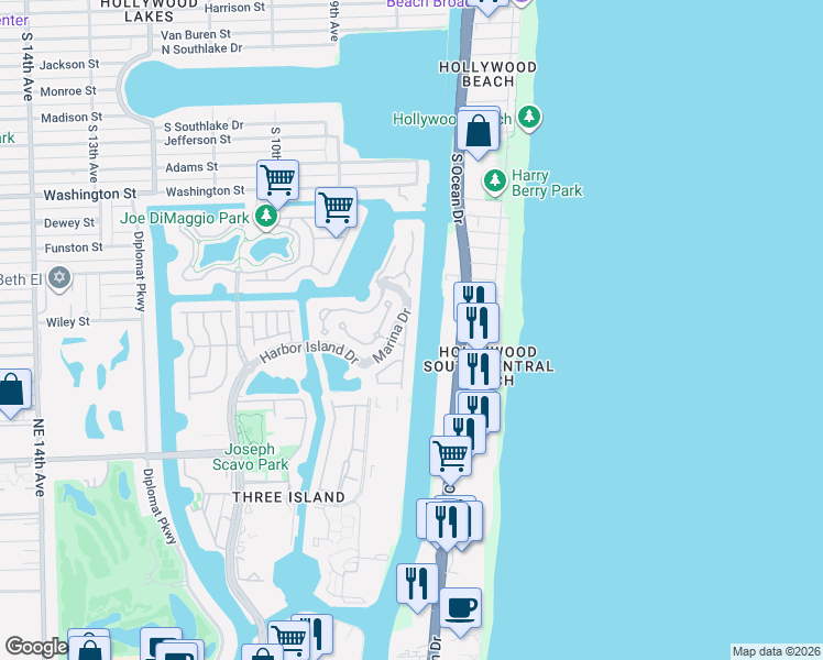 map of restaurants, bars, coffee shops, grocery stores, and more near 1485 Windjammer Way in Hollywood