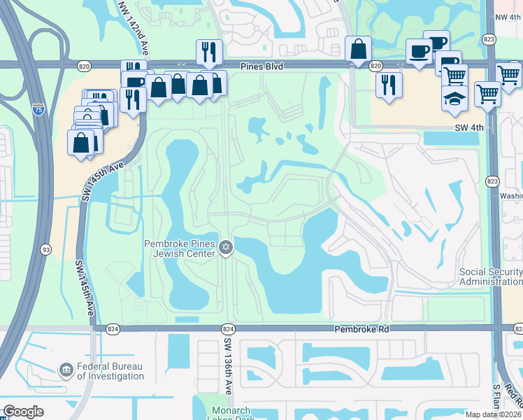 map of restaurants, bars, coffee shops, grocery stores, and more near 13475 Southwest 9th Court in Pembroke Pines
