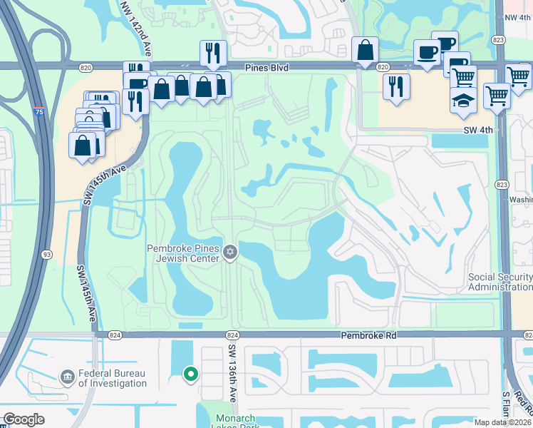 map of restaurants, bars, coffee shops, grocery stores, and more near 13475 Southwest 9th Court in Pembroke Pines
