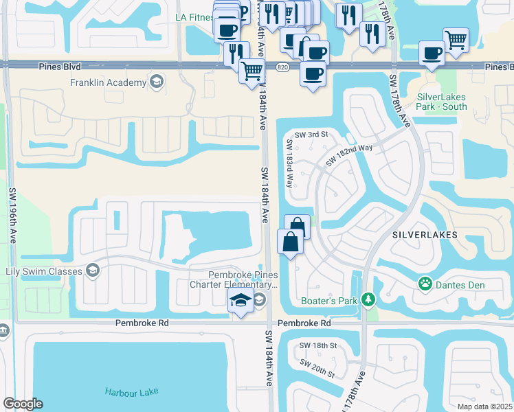 map of restaurants, bars, coffee shops, grocery stores, and more near 18460 Southwest 7th Street in Pembroke Pines