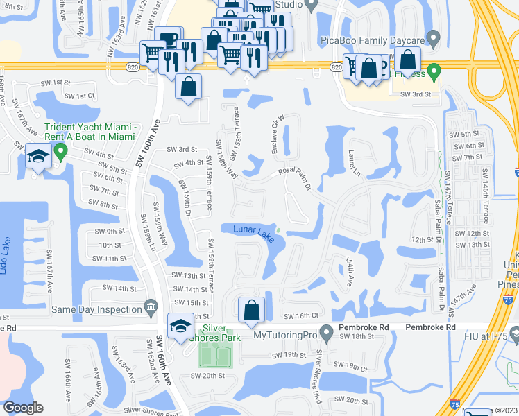 map of restaurants, bars, coffee shops, grocery stores, and more near 1132 Southwest 158th Avenue in Pembroke Pines