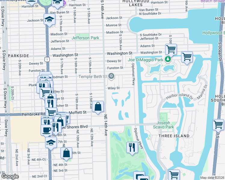 map of restaurants, bars, coffee shops, grocery stores, and more near 1328 Wiley Street in Hollywood