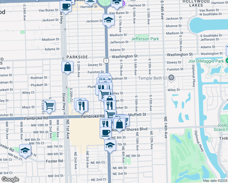 map of restaurants, bars, coffee shops, grocery stores, and more near 1735 Wiley Street in Hollywood