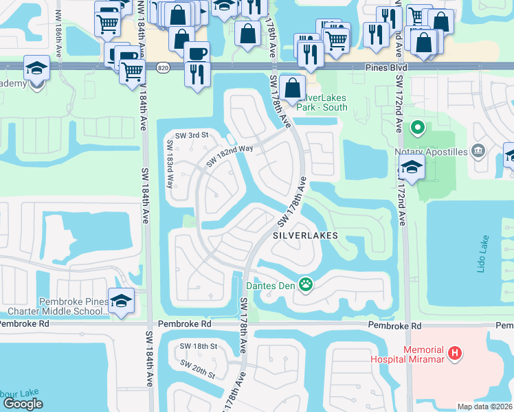 map of restaurants, bars, coffee shops, grocery stores, and more near 17907 Southwest 8th Street in Pembroke Pines