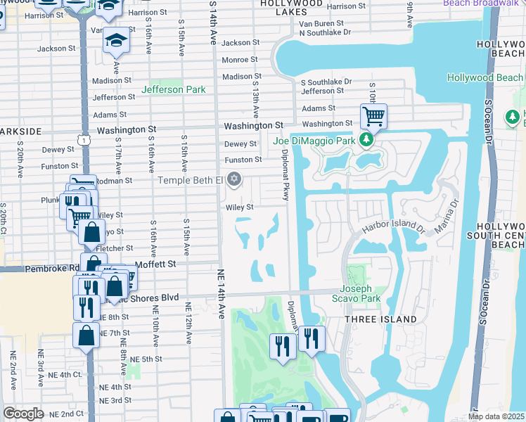 map of restaurants, bars, coffee shops, grocery stores, and more near 1250 Wiley Street in Hollywood