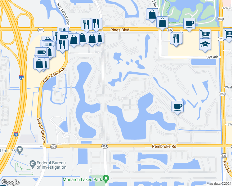 map of restaurants, bars, coffee shops, grocery stores, and more near 13475 Southwest 9th Court in Pembroke Pines