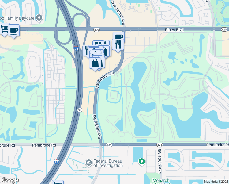 map of restaurants, bars, coffee shops, grocery stores, and more near 2410 Southwest 143rd Avenue in Pembroke Pines