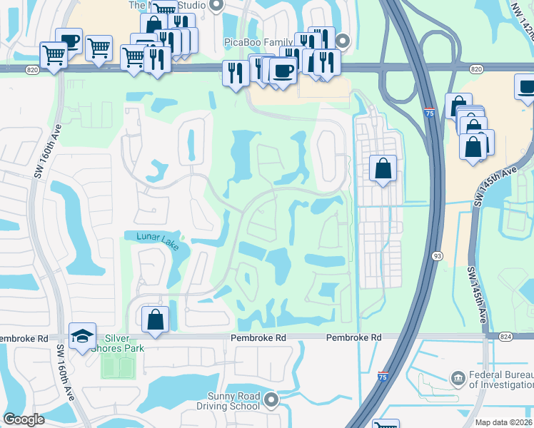 map of restaurants, bars, coffee shops, grocery stores, and more near 1190 Southwest 153rd Terrace in Pembroke Pines