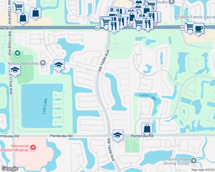 map of restaurants, bars, coffee shops, grocery stores, and more near 746 Southwest 159th Way in Pembroke Pines