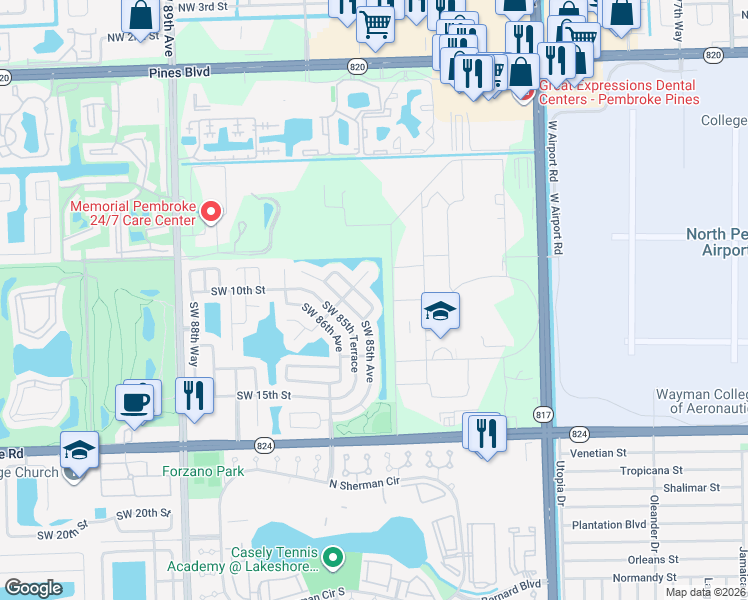 map of restaurants, bars, coffee shops, grocery stores, and more near 8420 Southwest 12th Court in Pembroke Pines