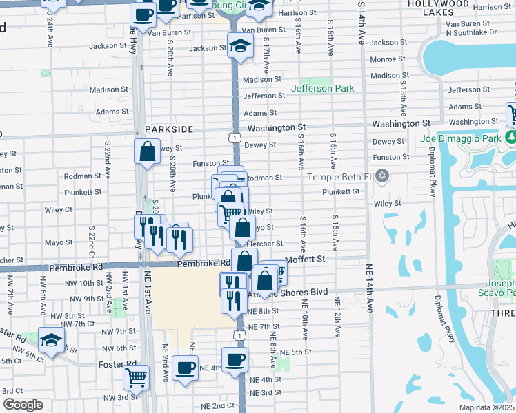 map of restaurants, bars, coffee shops, grocery stores, and more near 1742 Wiley Street in Hollywood