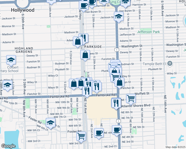 map of restaurants, bars, coffee shops, grocery stores, and more near 1314 South 20th Avenue in Hollywood