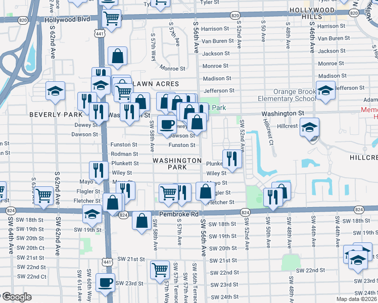 map of restaurants, bars, coffee shops, grocery stores, and more near 5650 Rodman Street in Hollywood