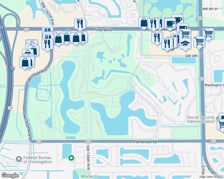 map of restaurants, bars, coffee shops, grocery stores, and more near 13355 Southwest 9th Court in Pembroke Pines