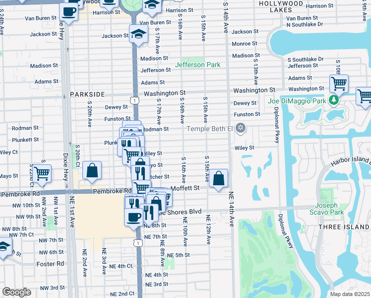 map of restaurants, bars, coffee shops, grocery stores, and more near 1610 Wiley Street in Hollywood
