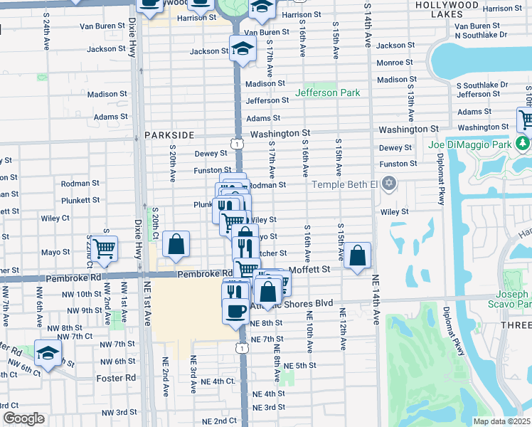 map of restaurants, bars, coffee shops, grocery stores, and more near 1646 Wiley Street in Hollywood