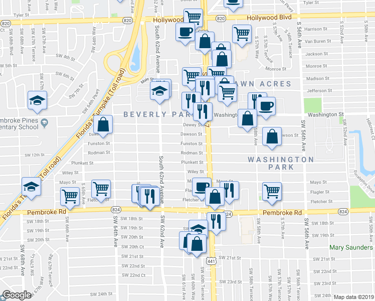 map of restaurants, bars, coffee shops, grocery stores, and more near 6100 Rodman Street in Hollywood
