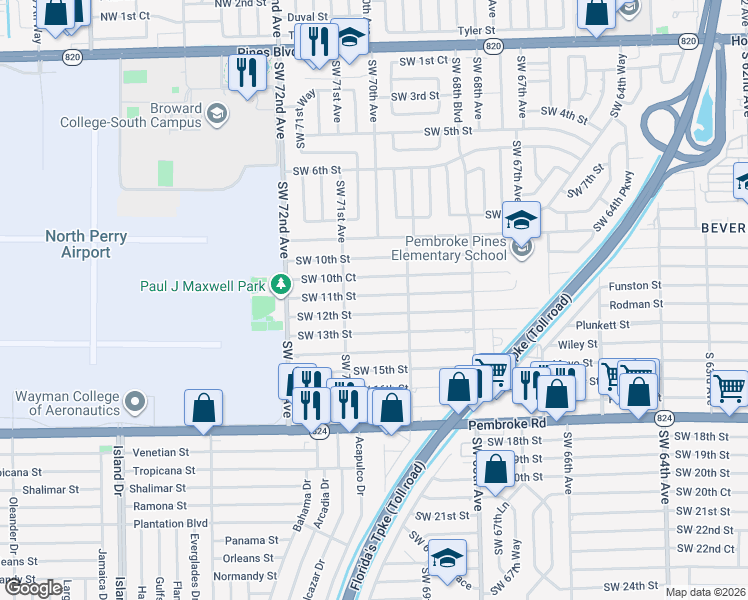 map of restaurants, bars, coffee shops, grocery stores, and more near 6961 Southwest 12th Street in Pembroke Pines