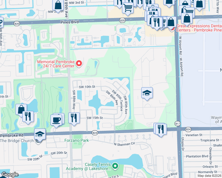 map of restaurants, bars, coffee shops, grocery stores, and more near 1131 Southwest 86th Avenue in Pembroke Pines