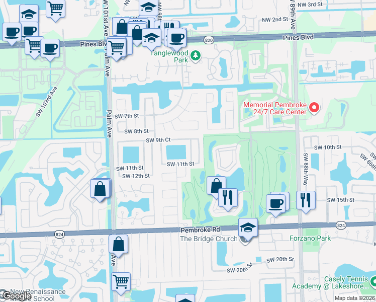 map of restaurants, bars, coffee shops, grocery stores, and more near 1011 Southwest 96th Avenue in Pembroke Pines