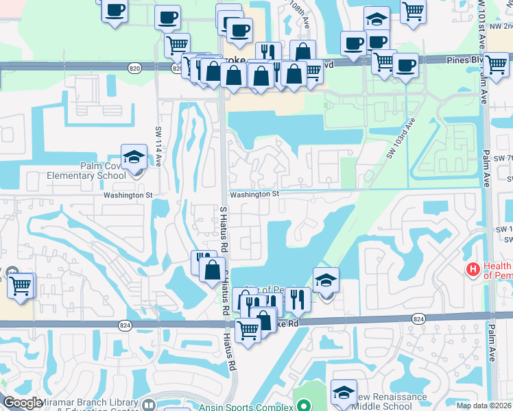 map of restaurants, bars, coffee shops, grocery stores, and more near 960 Southwest 108th Avenue in Pembroke Pines