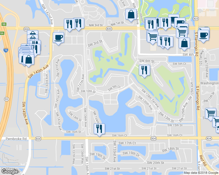 map of restaurants, bars, coffee shops, grocery stores, and more near 13355 Southwest 9th Court in Pembroke Pines
