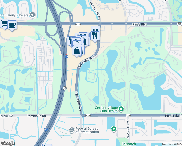 map of restaurants, bars, coffee shops, grocery stores, and more near 2410 Southwest 143rd Avenue in Pembroke Pines