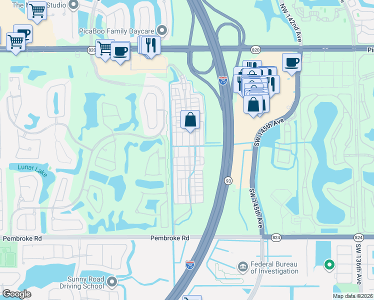 map of restaurants, bars, coffee shops, grocery stores, and more near 14701 Southwest 11th Street in Pembroke Pines
