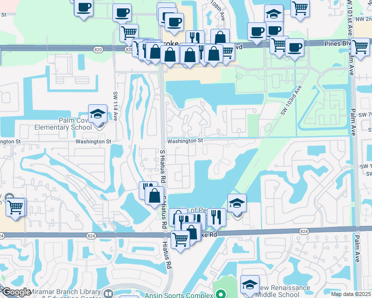map of restaurants, bars, coffee shops, grocery stores, and more near 960 Southwest 108th Avenue in Pembroke Pines