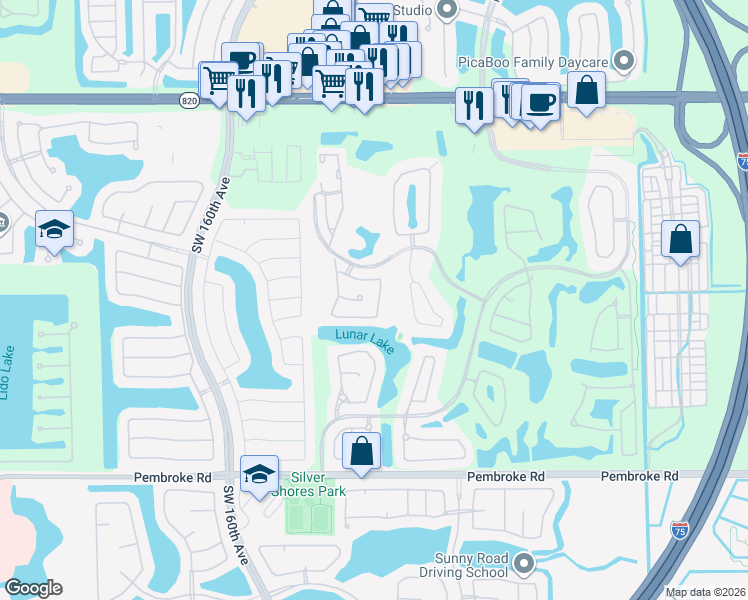 map of restaurants, bars, coffee shops, grocery stores, and more near 1153 Southwest 158th Avenue in Pembroke Pines