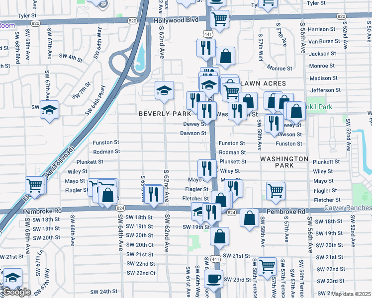 map of restaurants, bars, coffee shops, grocery stores, and more near 6100 Rodman Street in Hollywood