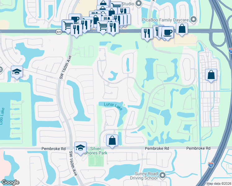 map of restaurants, bars, coffee shops, grocery stores, and more near 1114 Southwest 158th Avenue in Pembroke Pines