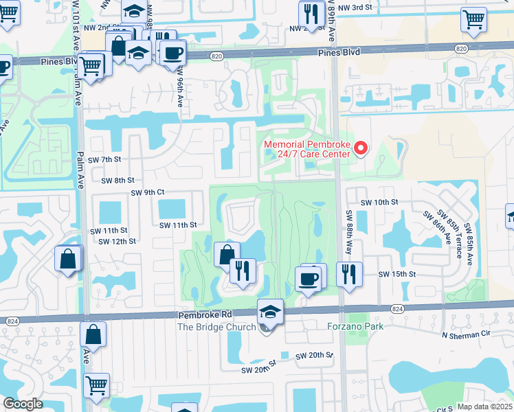 map of restaurants, bars, coffee shops, grocery stores, and more near 9300 North Hollybrook Lake Drive in Pembroke Pines