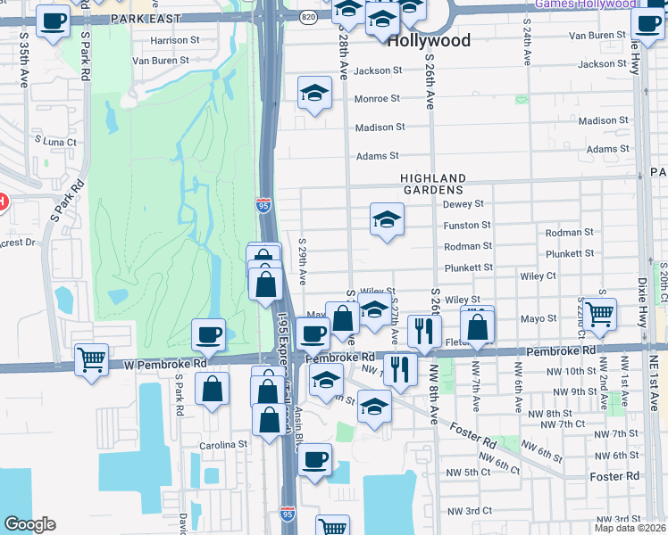 map of restaurants, bars, coffee shops, grocery stores, and more near 1312 South 28th Avenue in Hollywood