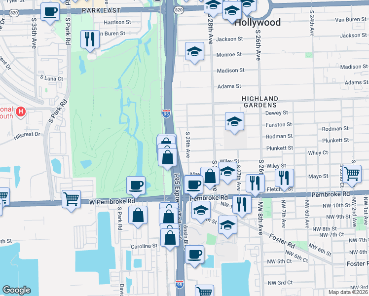 map of restaurants, bars, coffee shops, grocery stores, and more near 2924 Plunkett Street in Hollywood