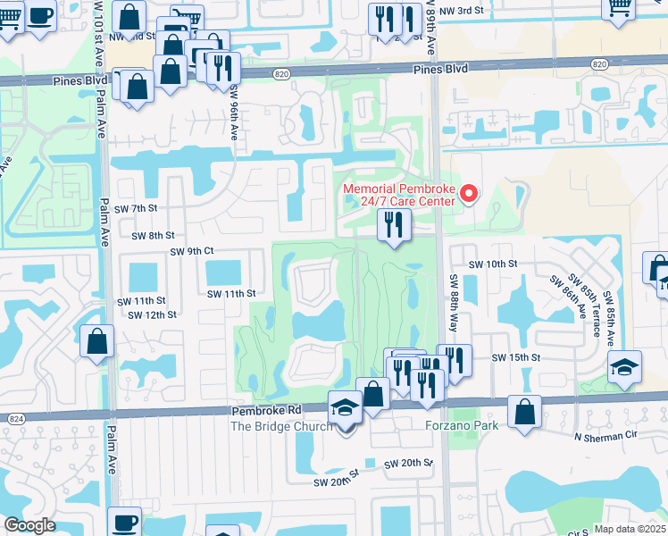 map of restaurants, bars, coffee shops, grocery stores, and more near 9300 North Hollybrook Lake Drive in Pembroke Pines