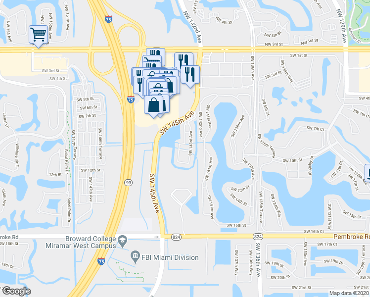 map of restaurants, bars, coffee shops, grocery stores, and more near 2410 Southwest 143rd Avenue in Pembroke Pines