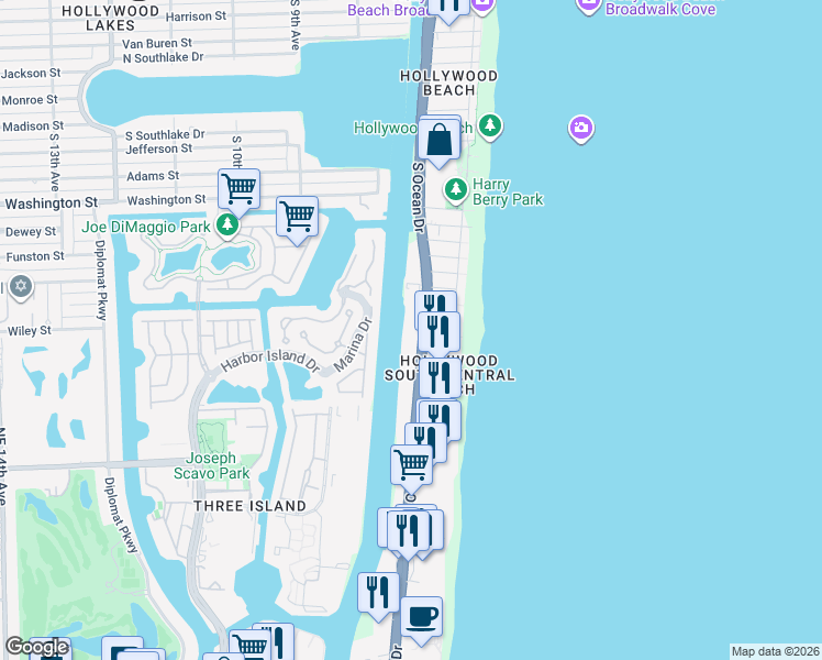 map of restaurants, bars, coffee shops, grocery stores, and more near 1600 South Ocean Drive in Hollywood