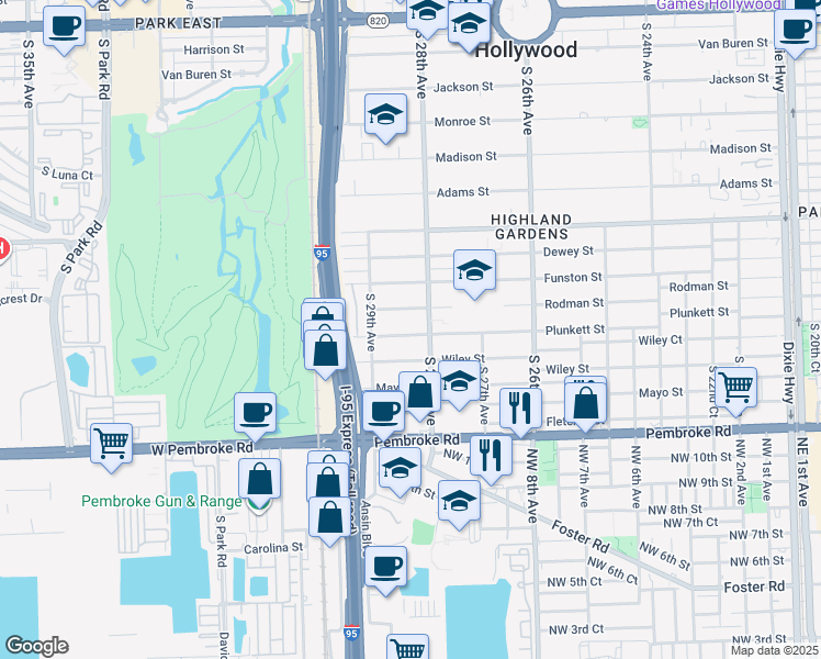map of restaurants, bars, coffee shops, grocery stores, and more near 1312 South 28th Avenue in Hollywood