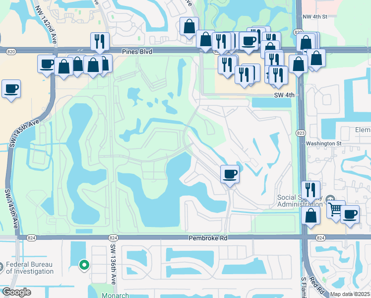 map of restaurants, bars, coffee shops, grocery stores, and more near 13000 Southwest 10th Street in Pembroke Pines