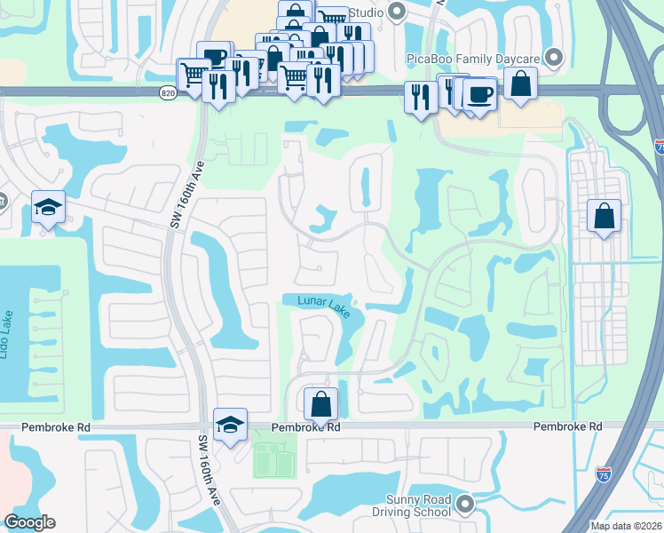 map of restaurants, bars, coffee shops, grocery stores, and more near 1102 Southwest 158th Avenue in Pembroke Pines