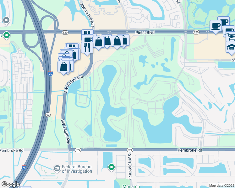 map of restaurants, bars, coffee shops, grocery stores, and more near 1001 Northwest 137th Way in Pembroke Pines