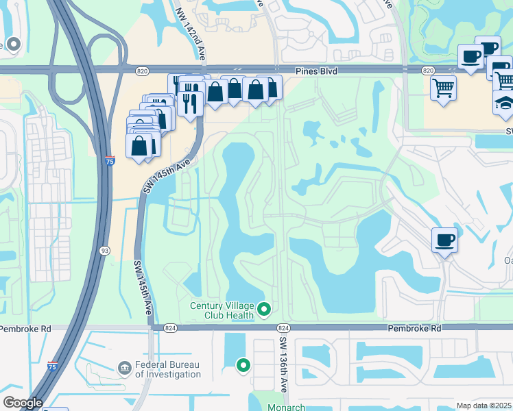 map of restaurants, bars, coffee shops, grocery stores, and more near 1001 Northwest 137th Way in Pembroke Pines